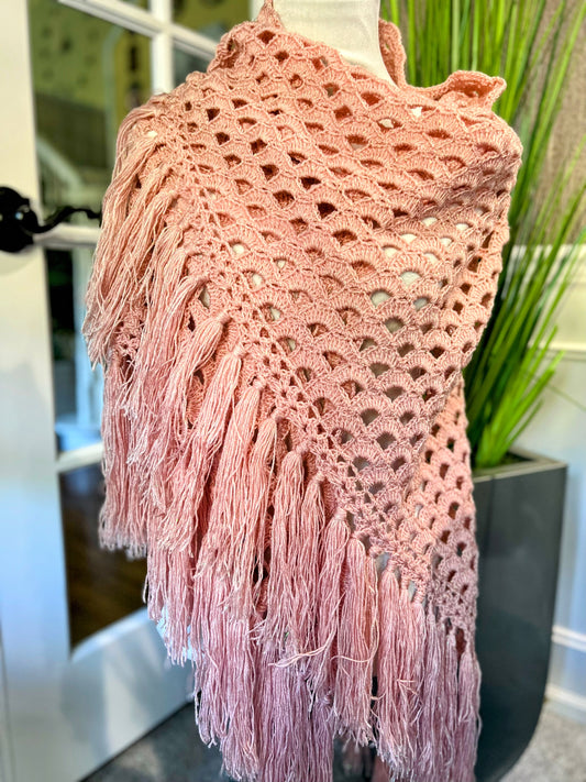 Wool Rose Triangle Shawl – Hand‑Crocheted Boho Wrap with Rose Motif & Fringe