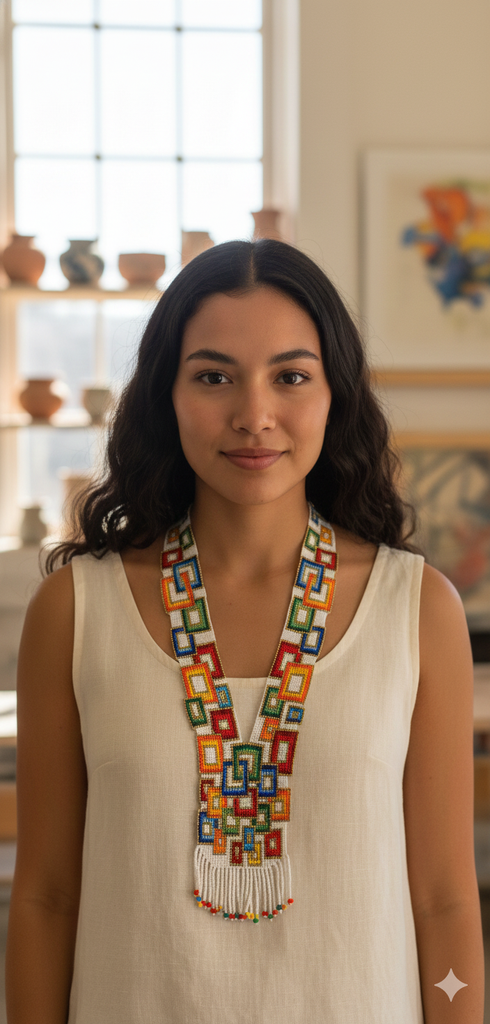 Beaded Orange, Blue & Red Geometric Necklace