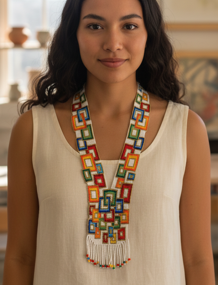 Beaded Orange, Blue & Red Geometric Necklace