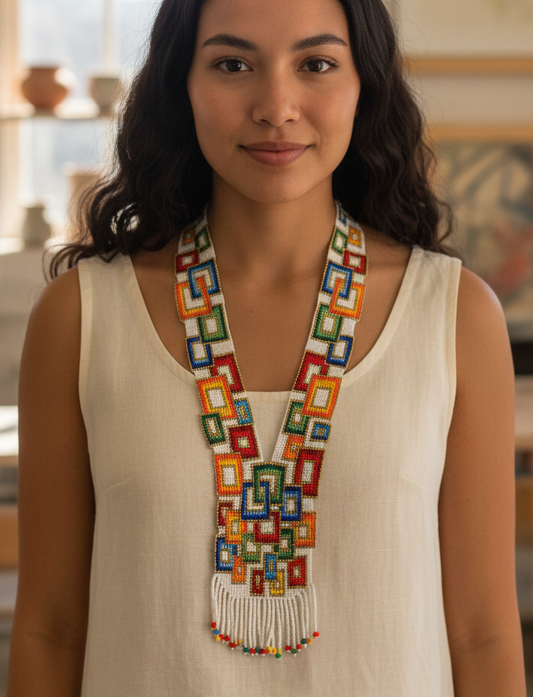 Beaded Orange, Blue & Red Geometric Necklace