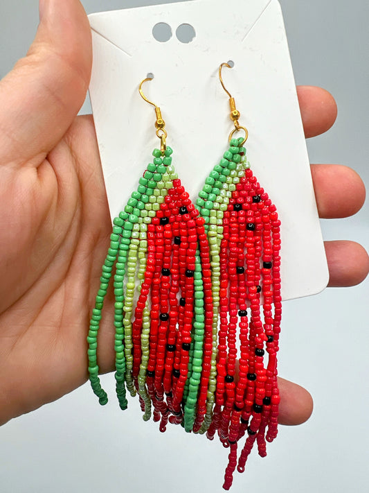 Watermelon Beaded Earrings – Handmade Summer Fruit Statement Jewelry