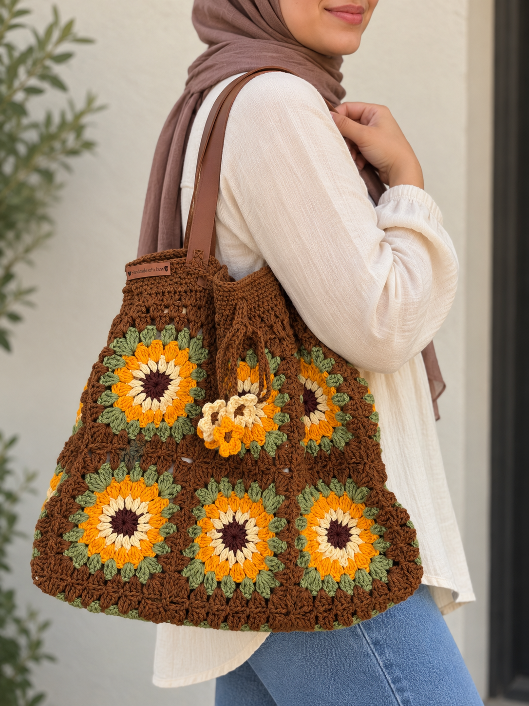 Handmade Crochet Sunflower Brown - Big Shoulder Bag – Spacious & Stylish