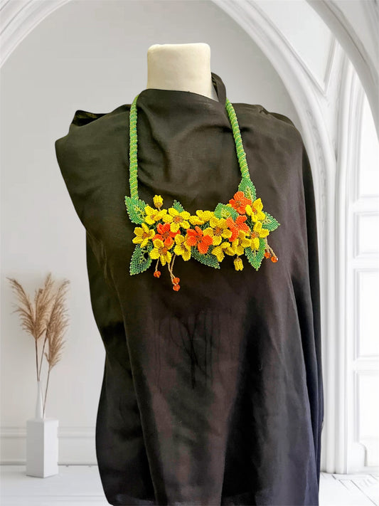 Handmade Yellow Necklace with A Garden of 3D Flowers, Beaded and Loved