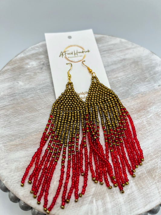 Red & Gold Beaded Fringe Earrings – Handcrafted Statement Jewelry