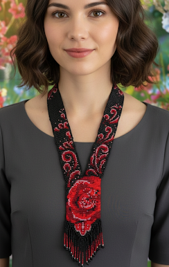Red Flower Loom Beaded Necklace – Handmade Statement Jewelry