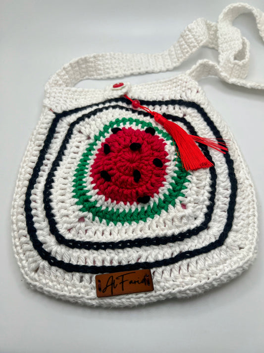 Handmade Crochet White Square Bag with Watermelon Slice & Kofia Style – Perfect for Girls & Teens