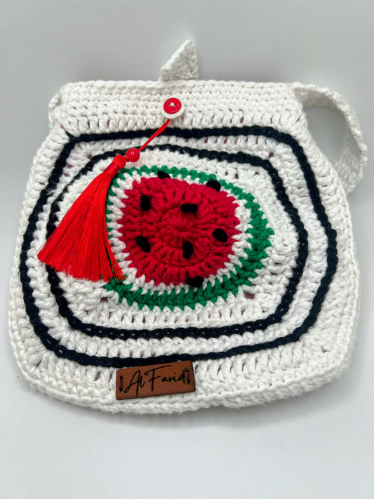 Handmade Crochet White Square Bag with Watermelon Slice & Kofia Style – Perfect for Girls & Teens