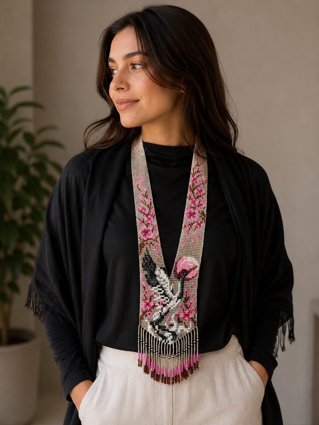 Handmade Loom Beaded Necklace – Colorful Gray Heron Bird with Cherry Blossom Tree Statement Jewelry
