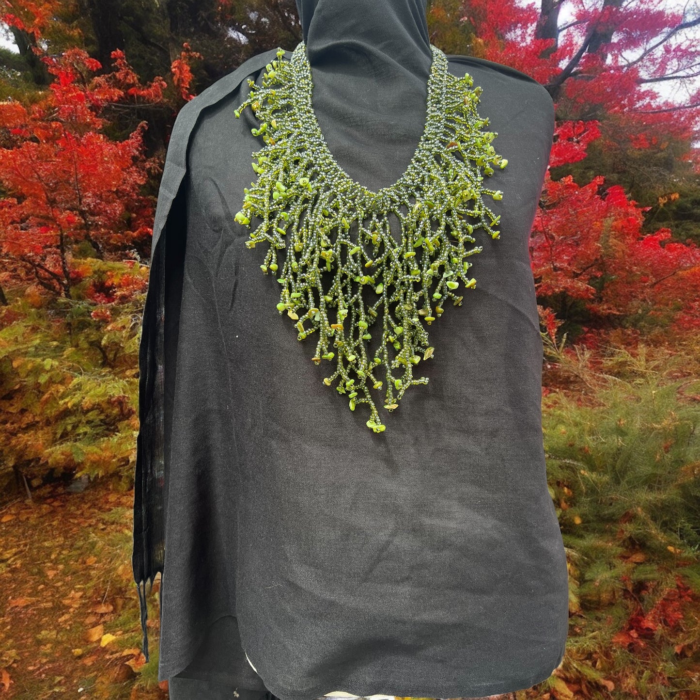 Green Dangling Beaded with Natural Stones Necklace