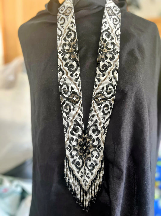 Black, Gray & White Geometric Loom‑Beaded Necklace