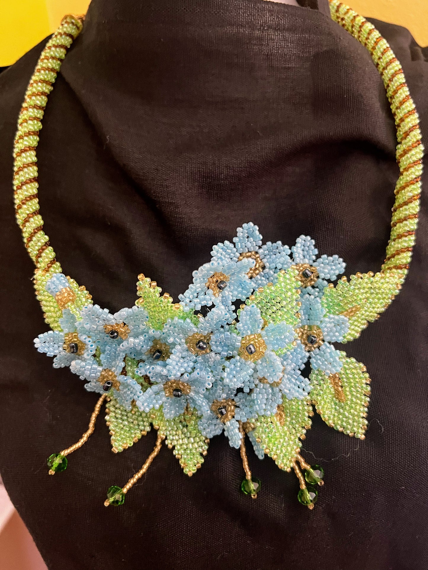 Handmade Blue Necklace with A Garden of 3D Flowers, Beaded and Loved