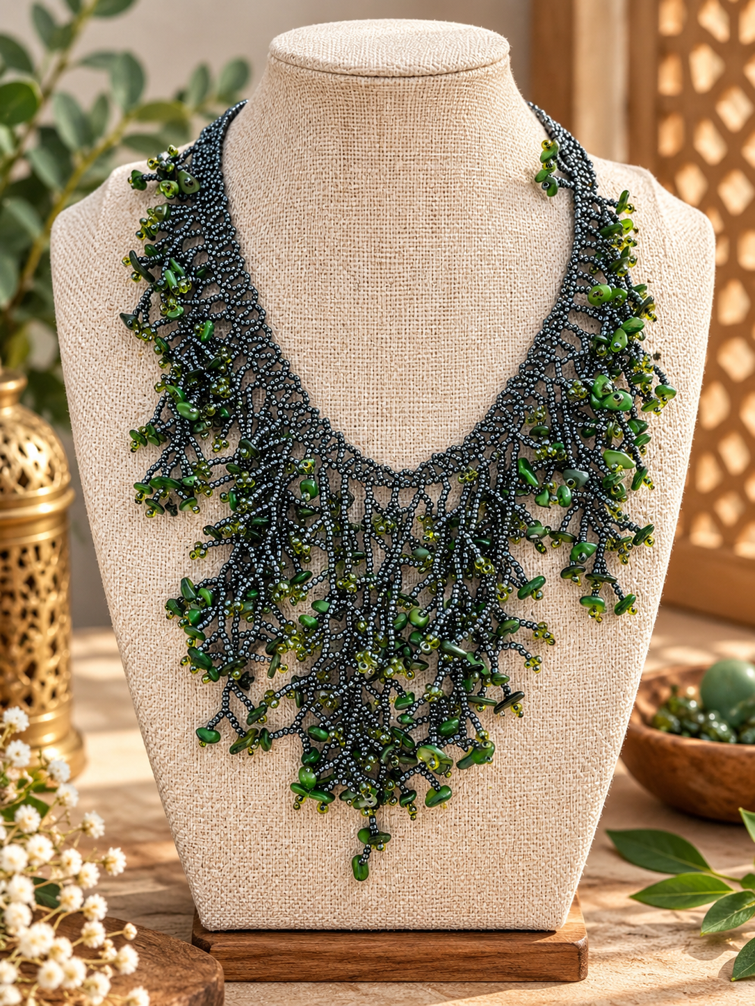 Handmade Gray Green Seaweed Design Dangling Beaded Necklace – Boho Statement Jewelry