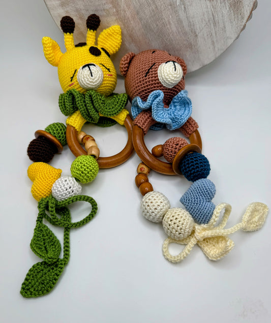 Crochet Amigurumi Rattle Toys with Wood handles– Soft Montessori Rattle Toy for babies