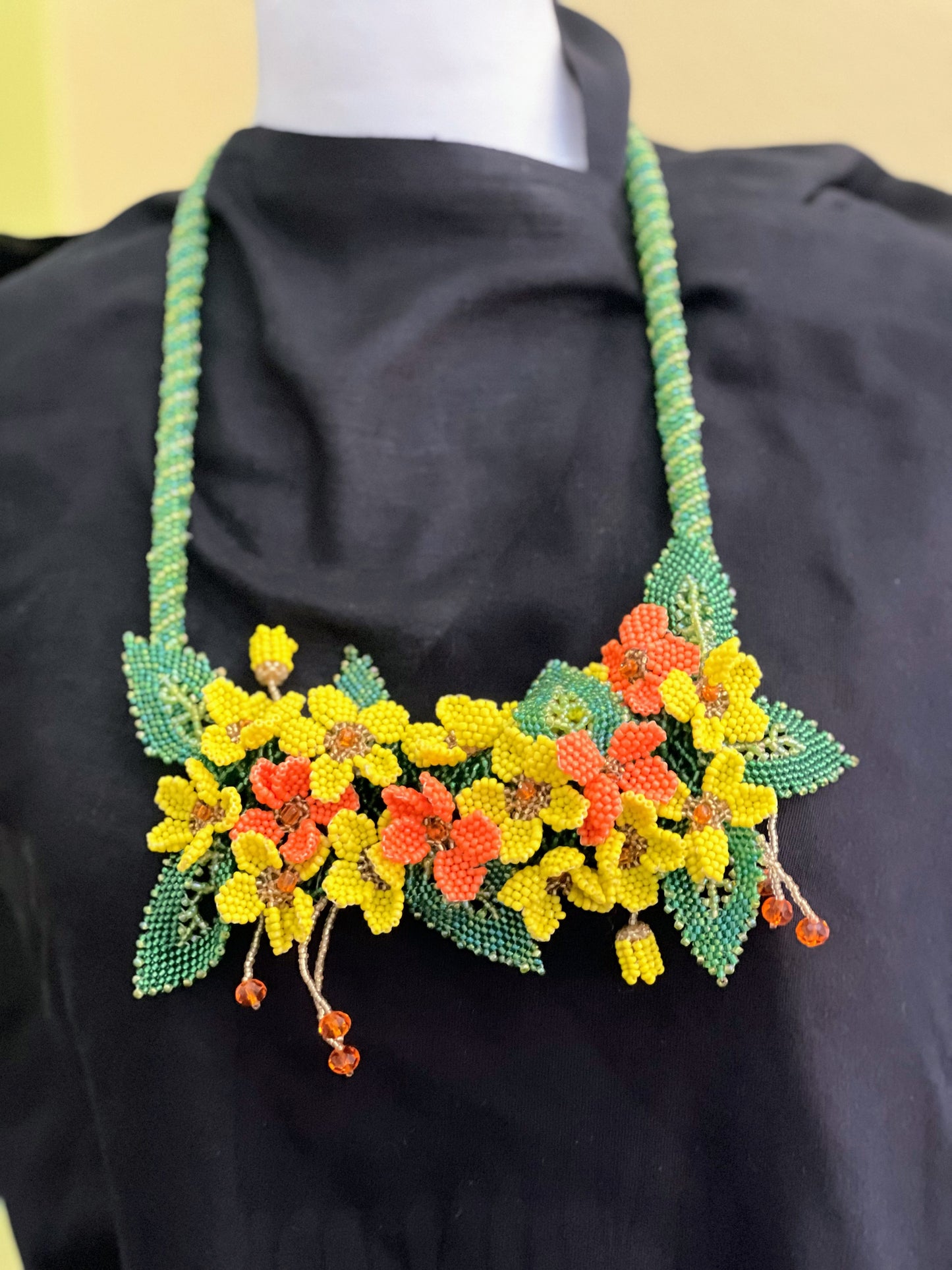 Handmade Yellow Necklace with A Garden of 3D Flowers, Beaded and Loved