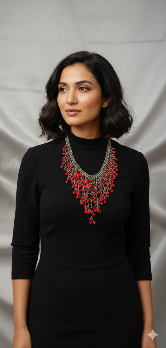 Handmade Red Seaweed Design Dangling Beaded Necklace – Boho Statement Jewelry