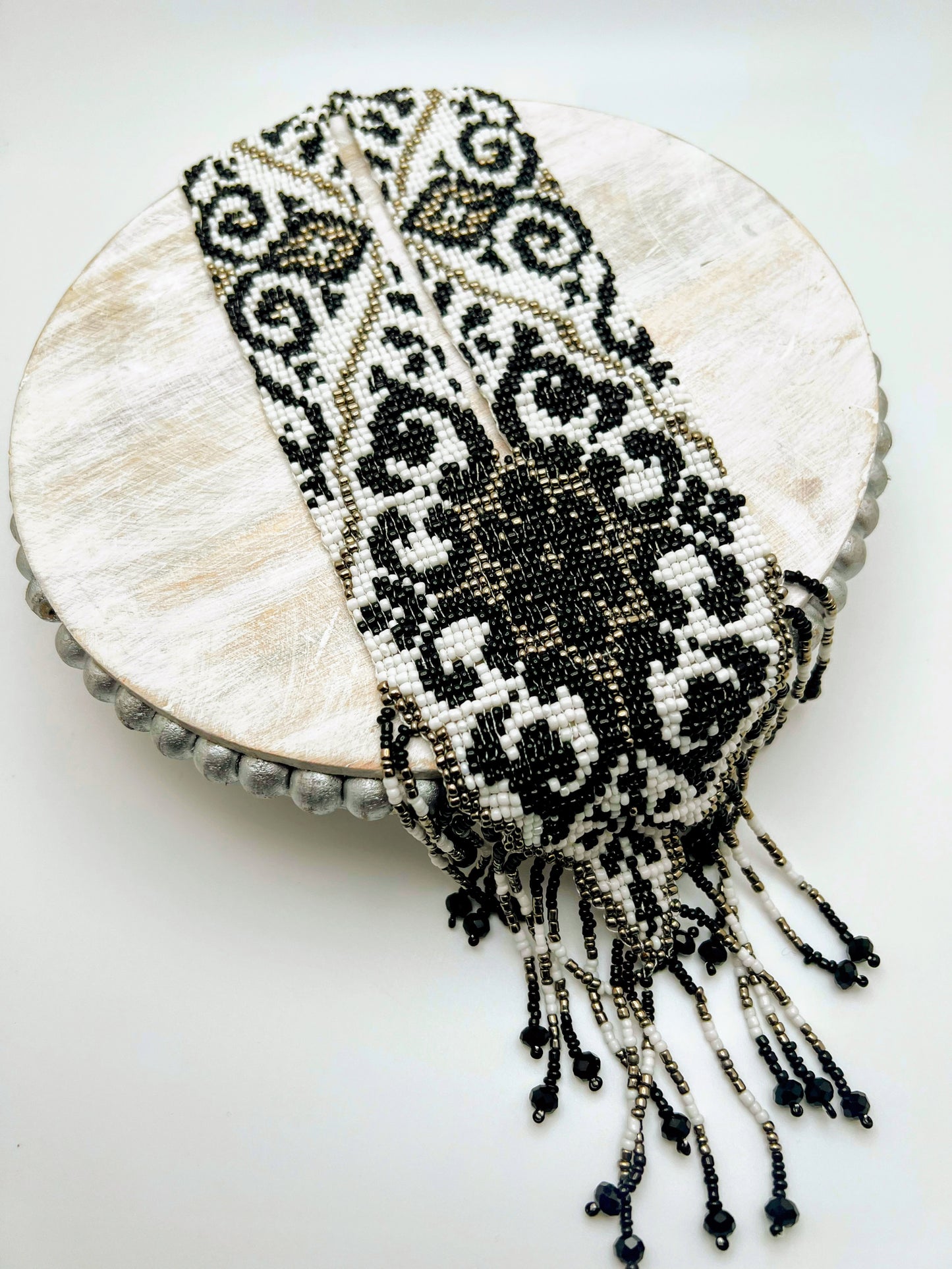 Black, Gray & White Geometric Design Loom Beaded Necklace