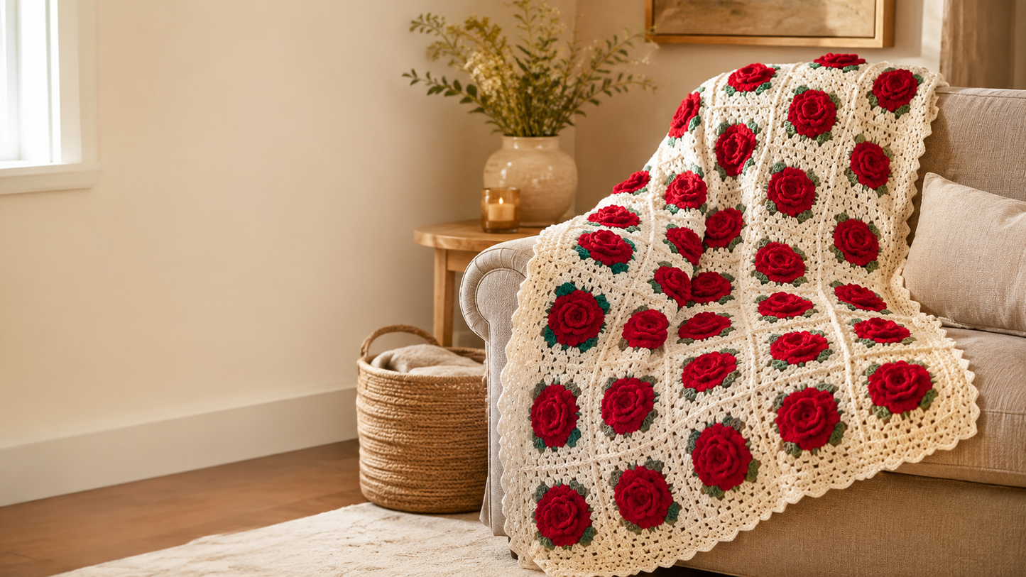 Elegant Handmade Wool 3D Red Flower Blanket - Handmade Cozy Warm