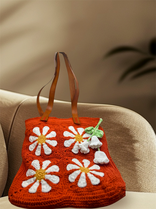 Handmade Crochet Daisy Flower Big Shoulder Orange Bag – Spacious & Stylish