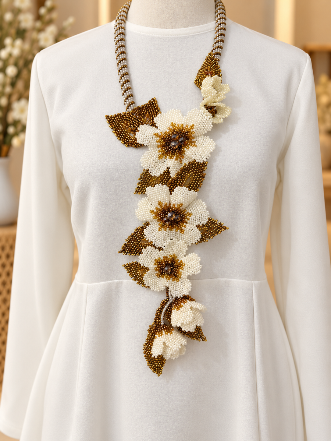 Handmade Beaded Floral Statement Necklace – Ivory & Antique Gold