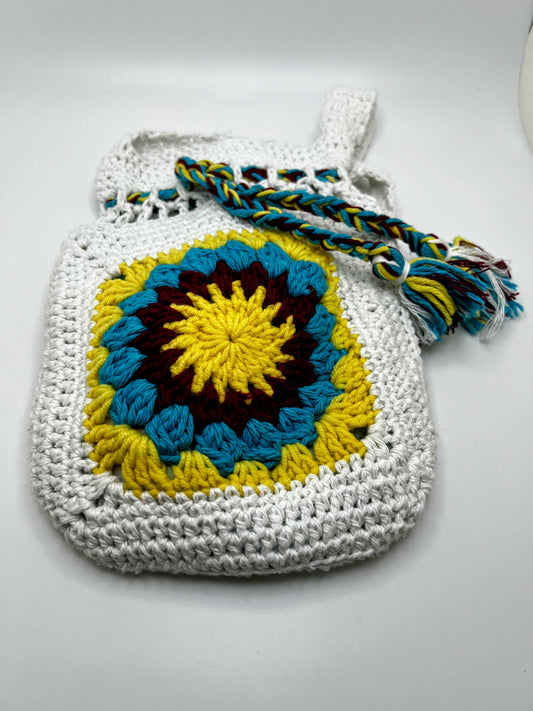 Crochet White Bag With Blue Yellow Flower- For Girls & Teens