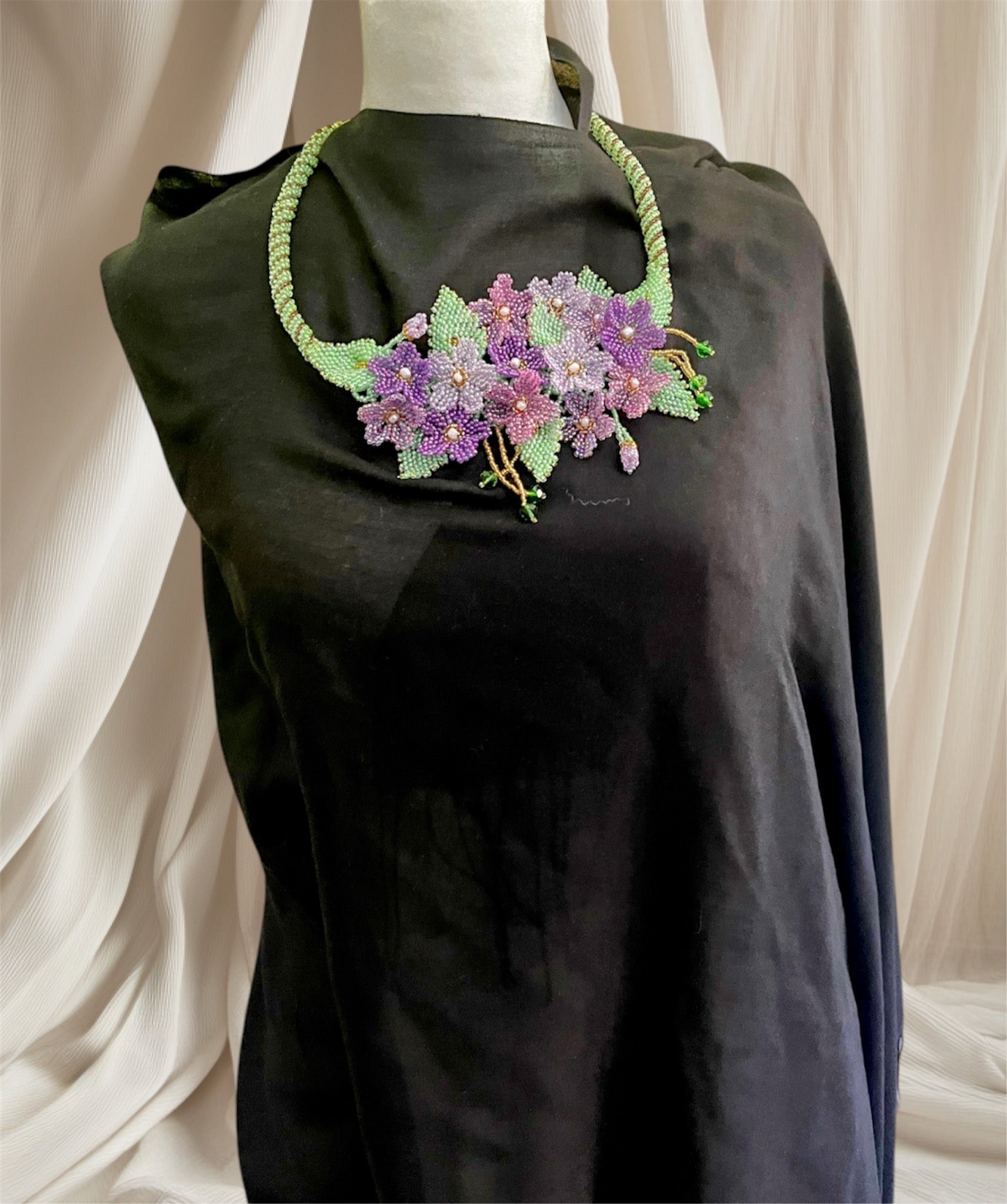 Handmade Violet Necklace with A Garden of 3D Flowers, Beaded and Loved