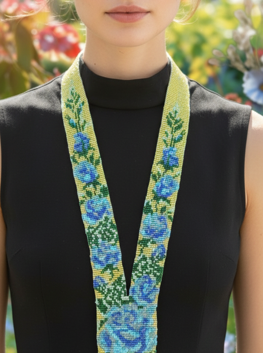 Blue Camellia Flower Necklace – Yellow Loom Beaded Statement Jewelry