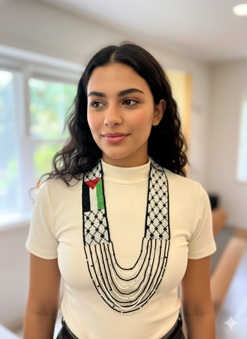 Handmade Palestine Kofia with Flag Loom Beads Necklace – Cultural Statement Jewelry