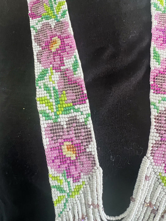 Purple Floral Beaded Necklace β Handmade Loom Necklace with Green Leaves