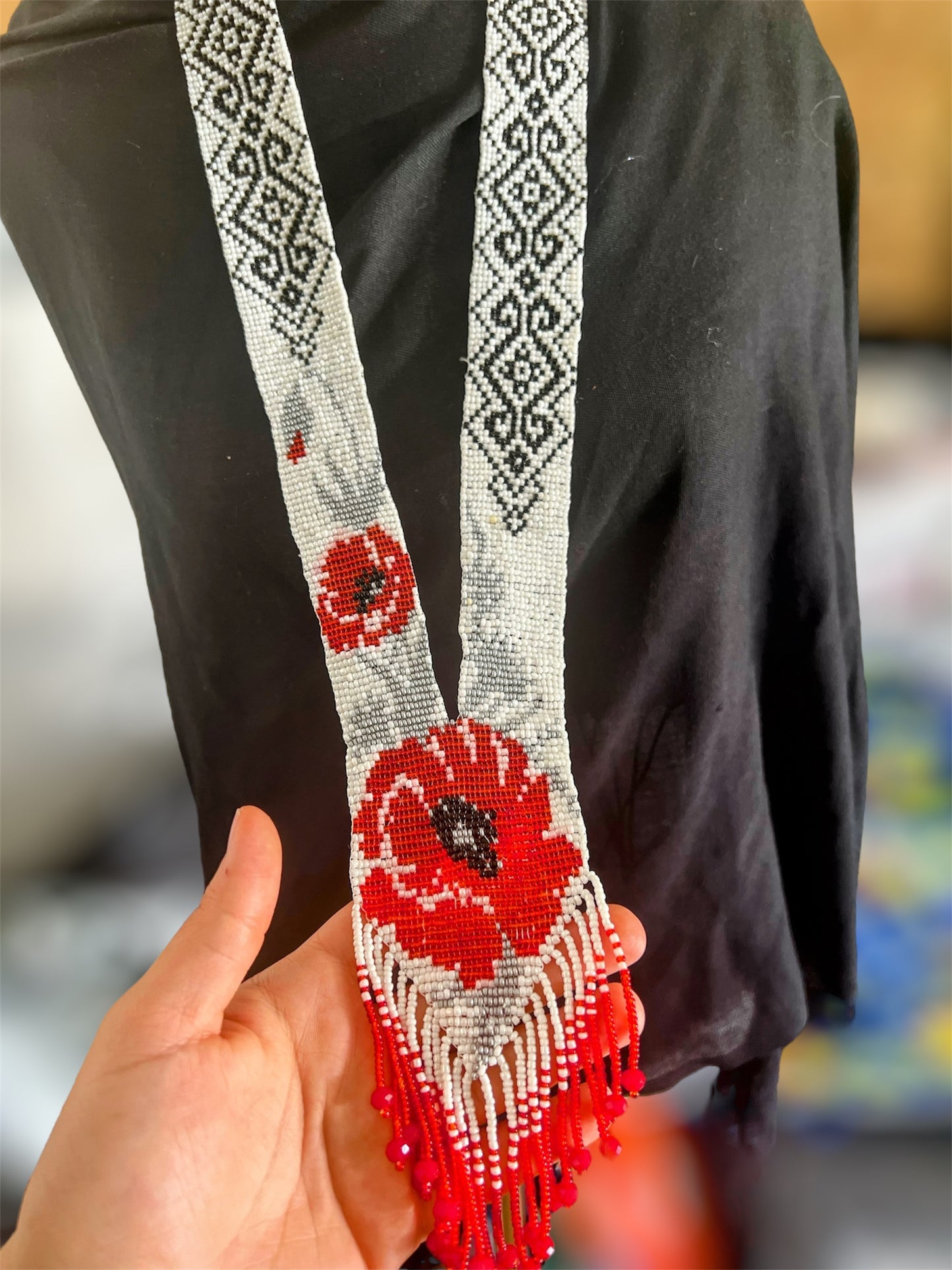 Red with Silver Floral Loom‑Beaded Necklace – Handwoven Glass Seed‑Bead Statement Piece
