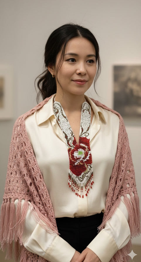 Red Magnolia Flower Loom Beaded Necklace – Handmade Statement Jewelry