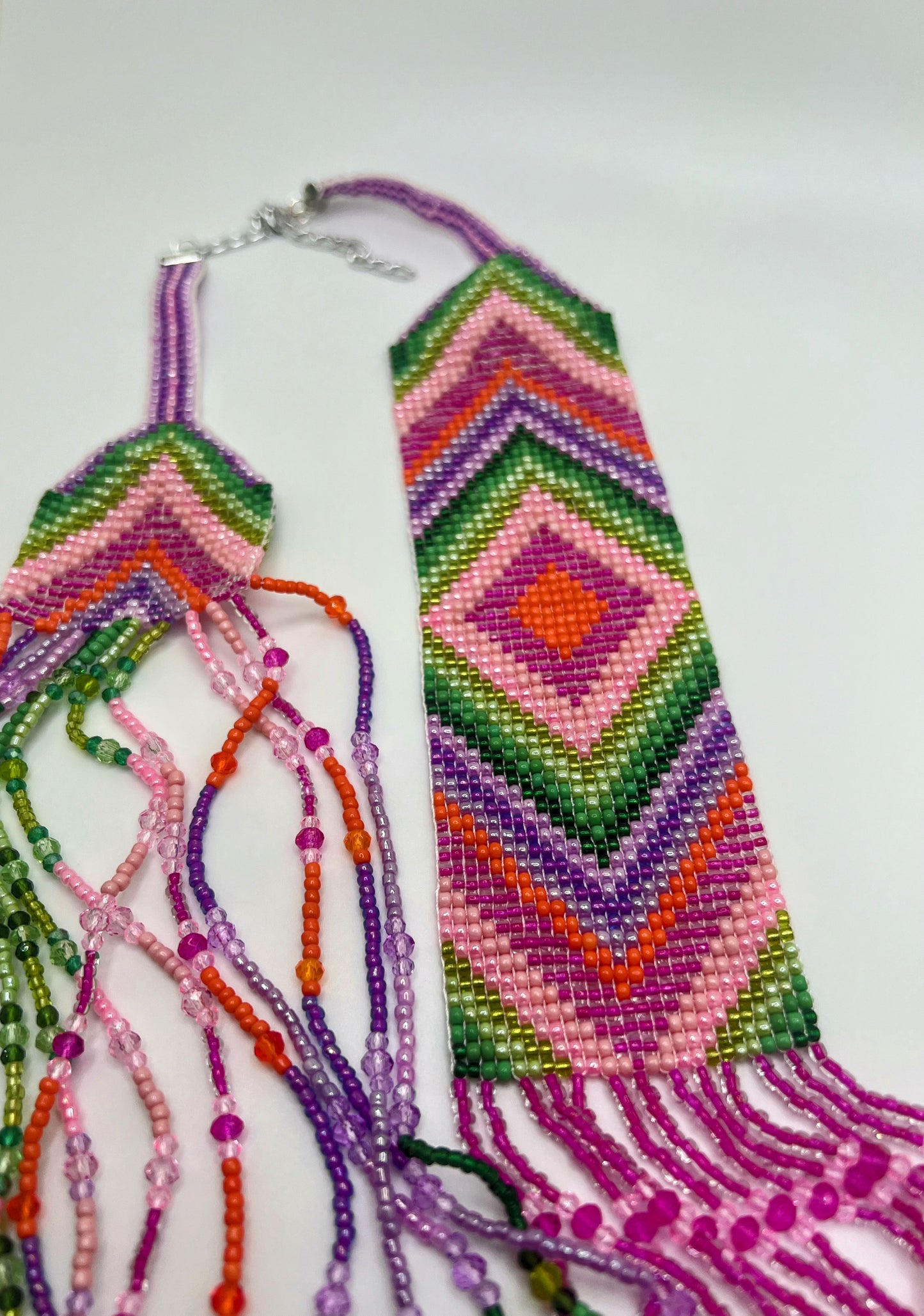Handmade Colorful Purple, pink & Orange Geometric Loom Beaded Necklaces – Bold Artisan Jewelry