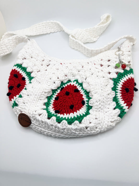 Handmade Crochet White Bag with Watermelon Slices – Cute Accessory for Girls & Teens