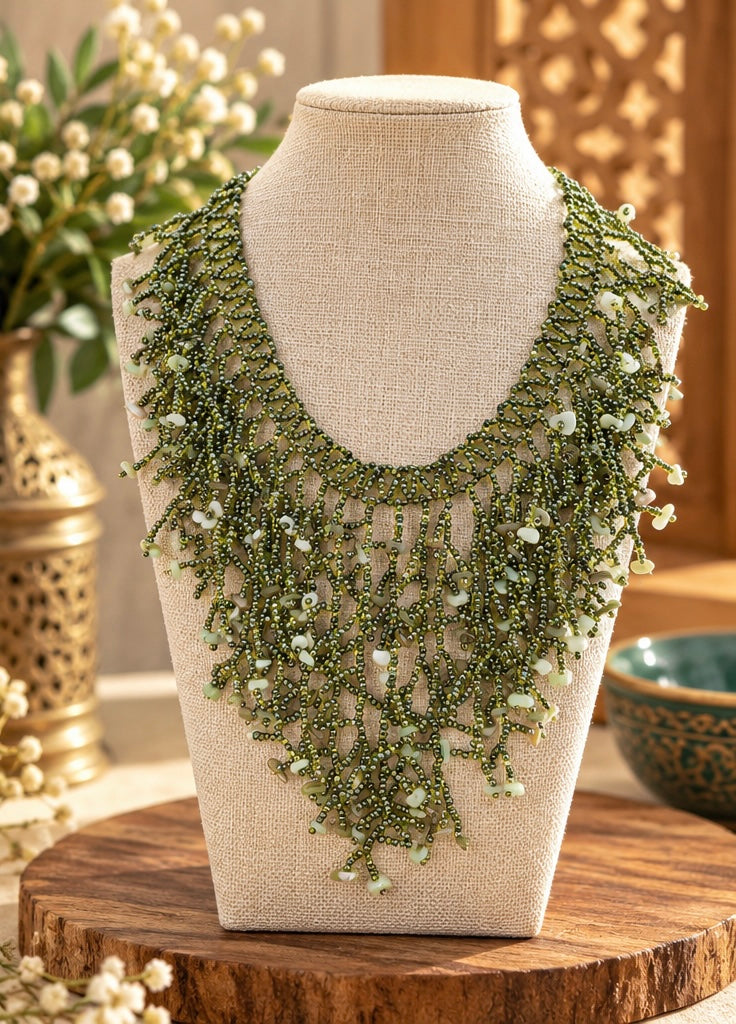 Handmade Light Green Seaweed Design Dangling Beaded Necklace – Boho Statement Jewelry