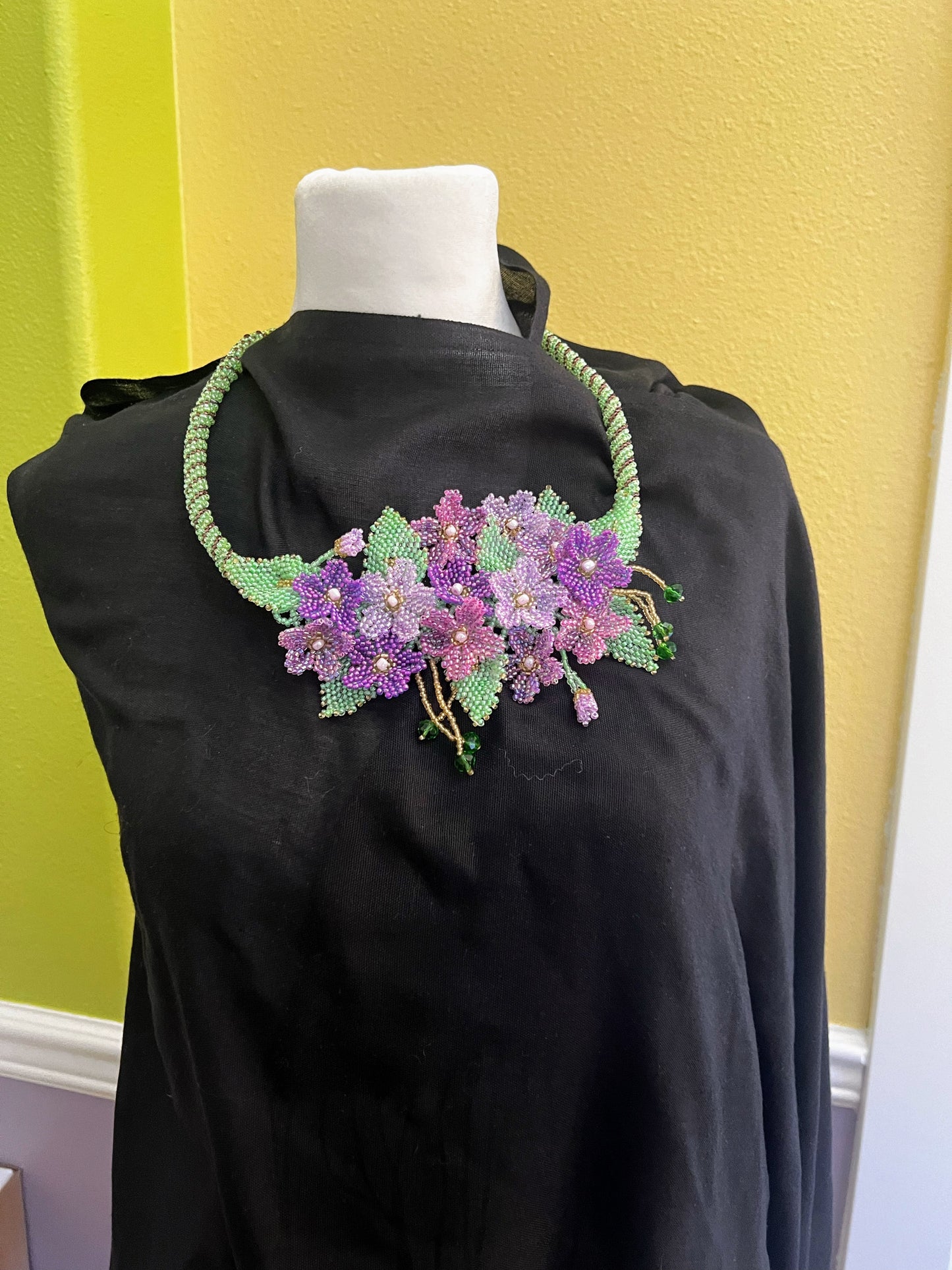 Handmade Violet Necklace with A Garden of 3D Flowers, Beaded and Loved