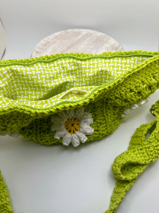 Handmade Crochet Cross Body Green with White Flower Bag with Adjustable Strap – Stylish & Practical
