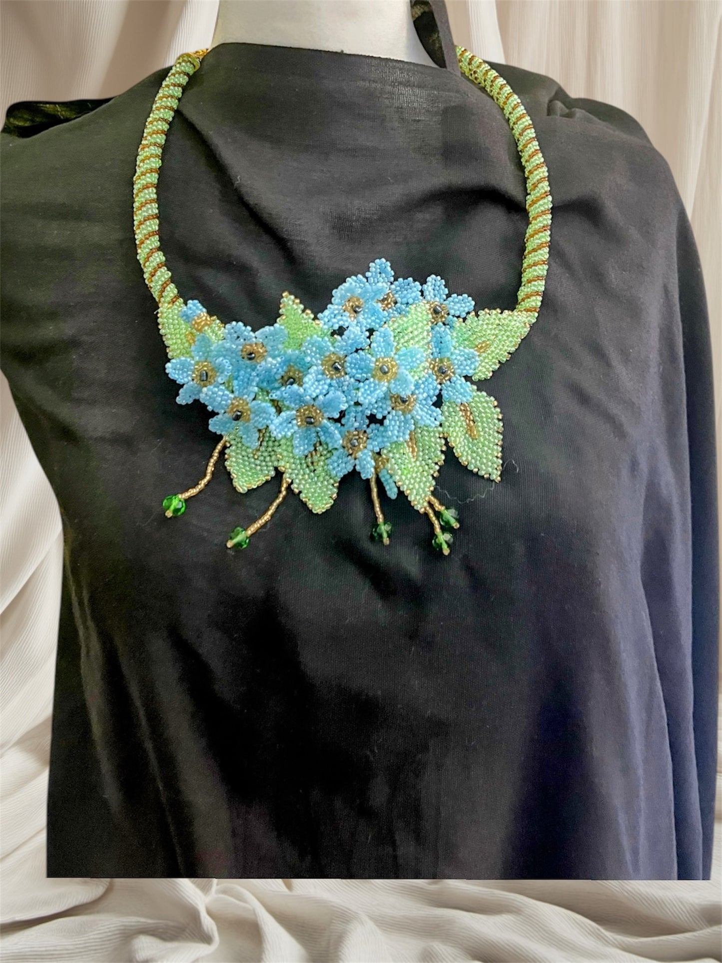 Handmade Blue Necklace with A Garden of 3D Flowers, Beaded and Loved