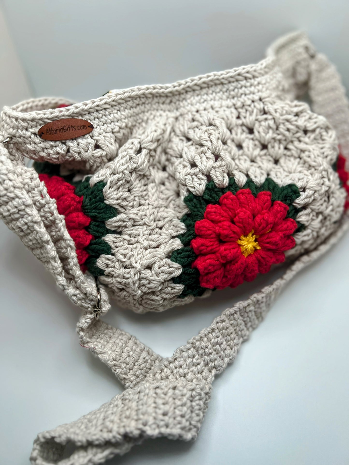 Handmade Crochet Cross Body Red Flower Bag with Adjustable Strap – Stylish & Practical