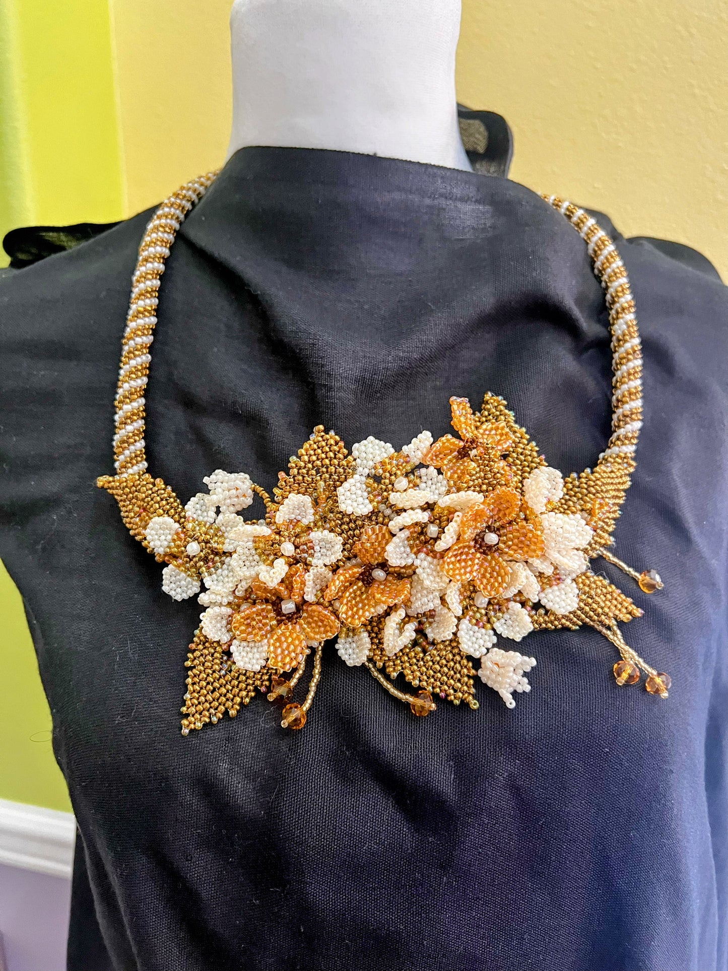 Handmade Gold Necklace with A Garden of 3D Flowers, Beaded and Loved