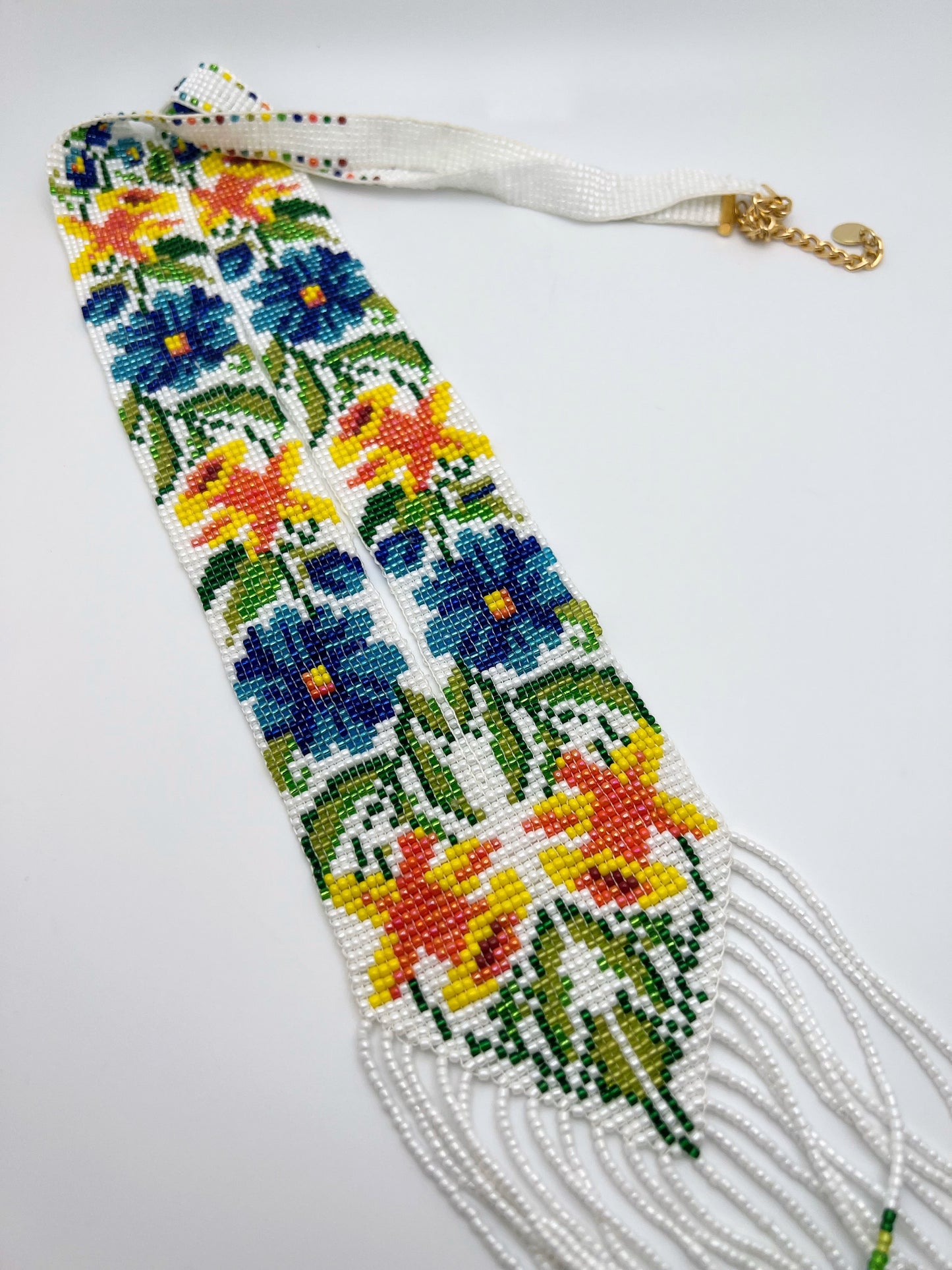 Blue Flower With White Background Loom-Beaded Necklace