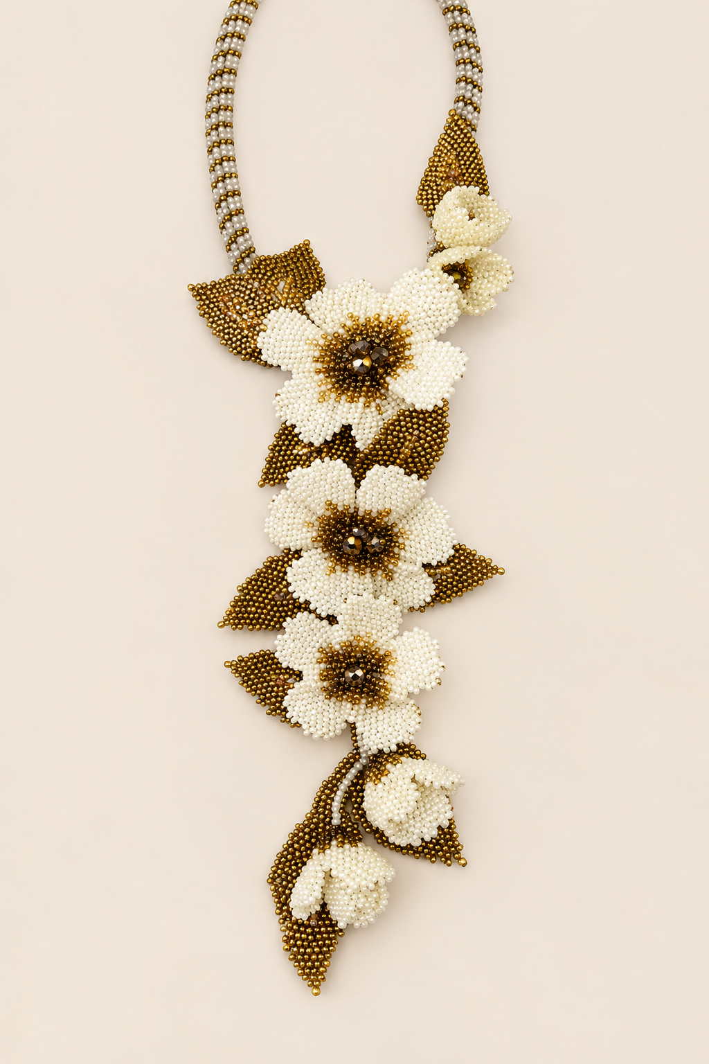 Handmade Beaded Floral Statement Necklace – Ivory & Antique Gold