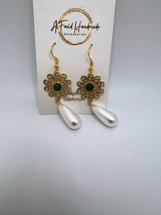 Gold Flower With White Pearl Earrings