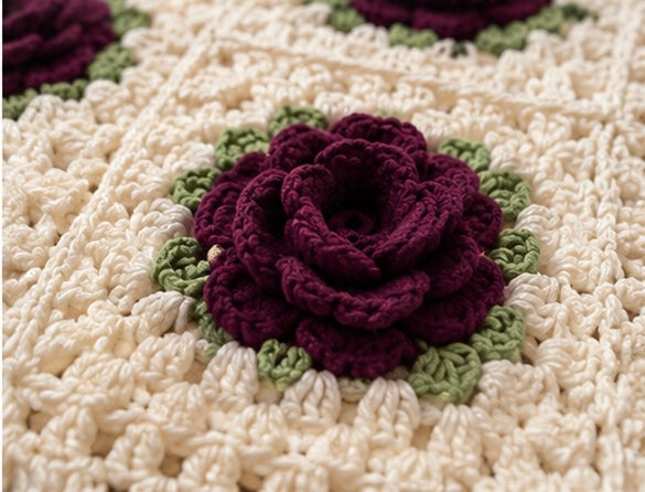 Elegant Handmade Wool 3D Purple Flower Blanket - Handmade Cozy Warm