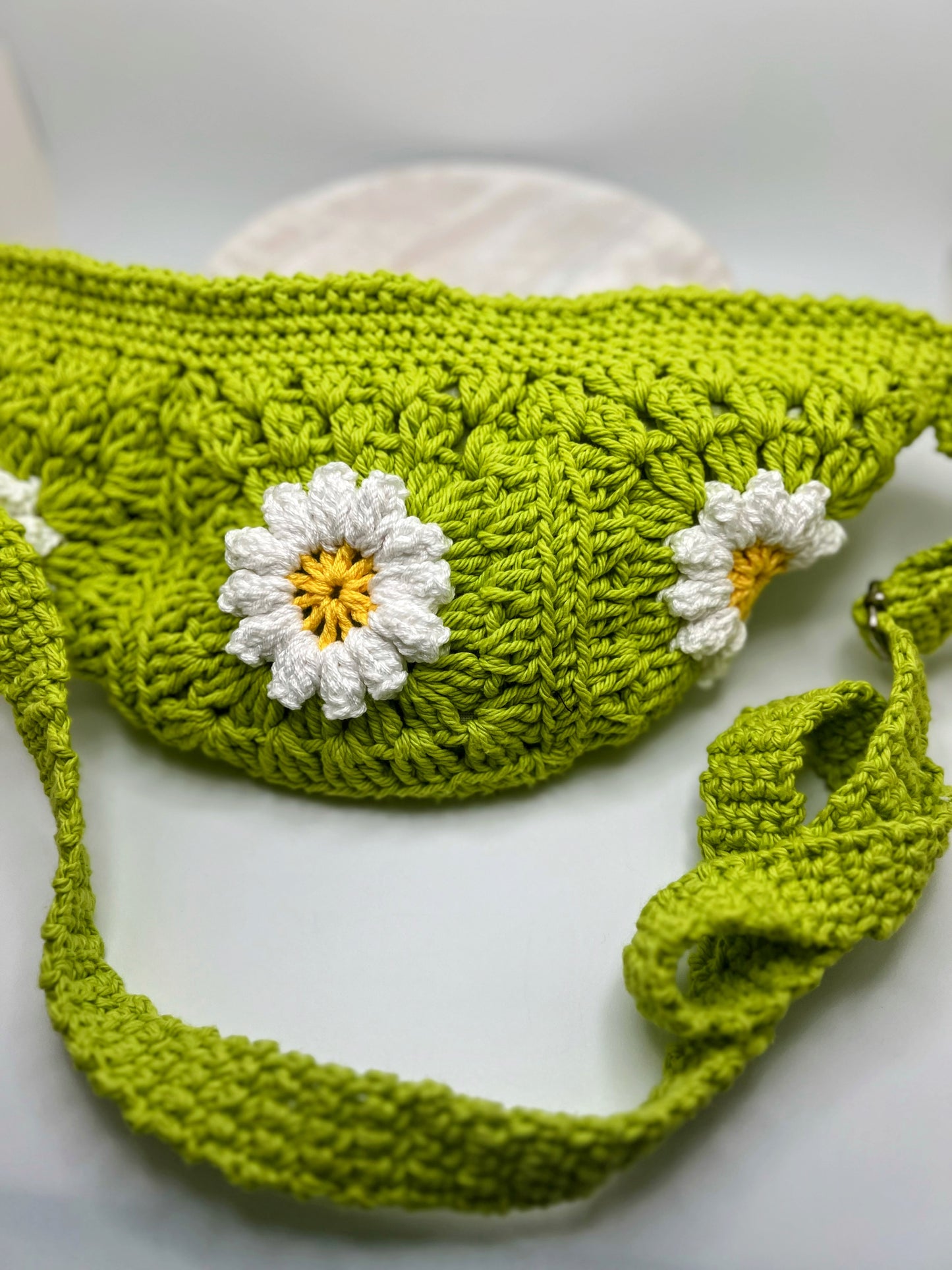 Handmade Crochet Cross Body Green with White Flower Bag with Adjustable Strap – Stylish & Practical
