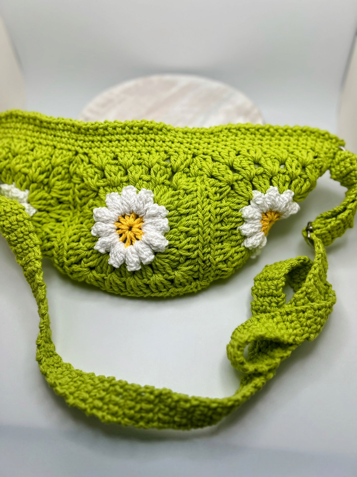 Handmade Crochet Cross Body Green with White Flower Bag with Adjustable Strap – Stylish & Practical
