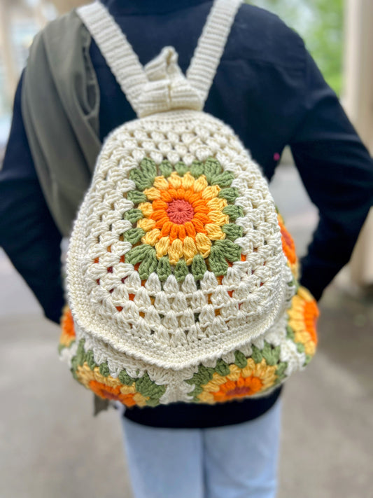 Handmade Crochet Sunflower Backpack Bag – Stylish & Functional