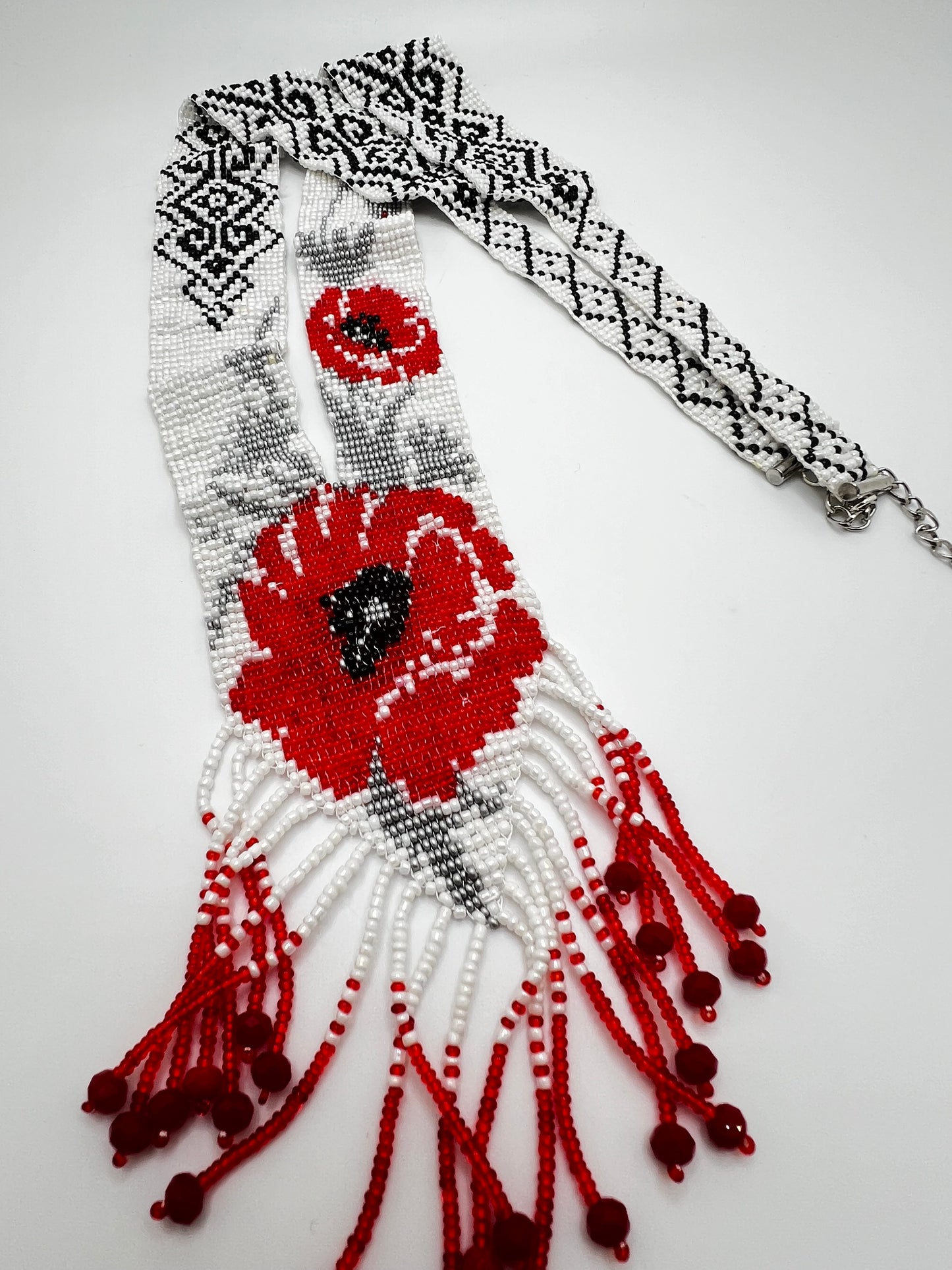 Red with Silver Floral Loom‑Beaded Necklace – Handwoven Glass Seed‑Bead Statement Piece