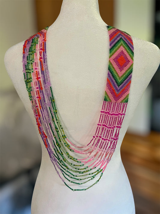 Handmade Colorful Purple, pink & Orange Geometric Loom Beaded Necklaces β Bold Artisan Jewelry