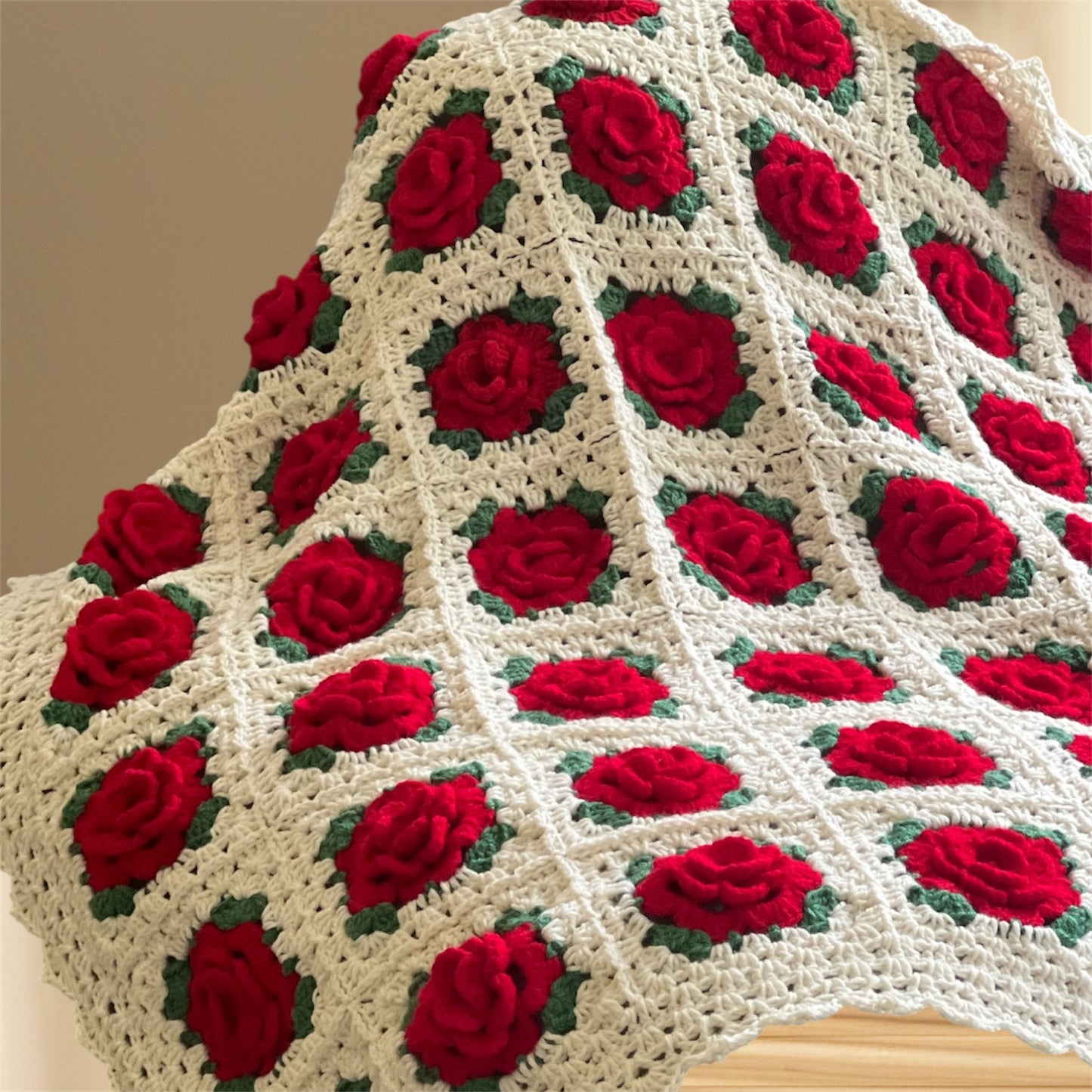 Elegant Handmade Wool 3D Red Flower Blanket - Handmade Cozy Warm