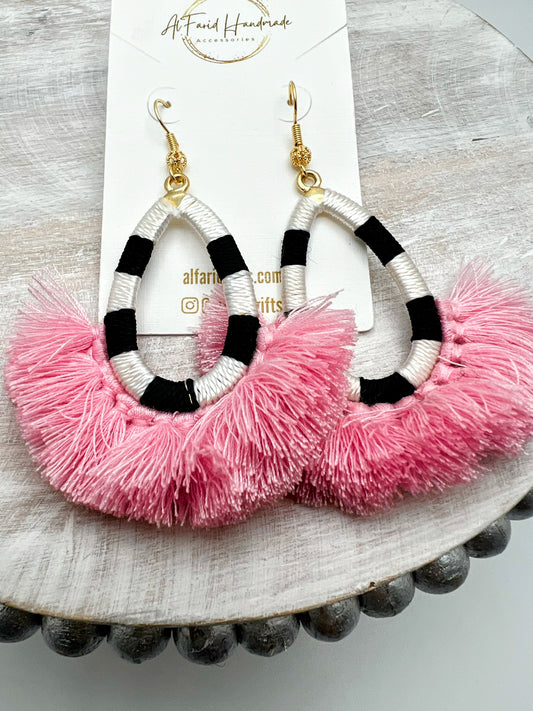 Handmade Black and White Earrings with Rose End Details – Elegant Statement Jewelry