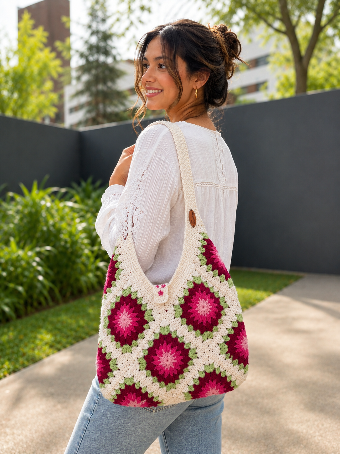 Handmade Crochet Pink Flower Big Shoulder Bag – Spacious & Stylish